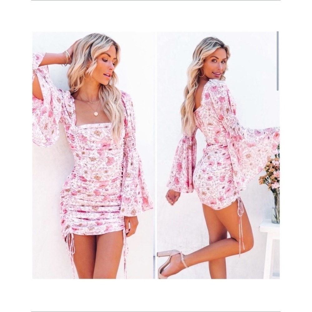 Vici Pink Floral Ruched Puff Bell Sleeve Mini Dress Large Bodycon Boho coquette